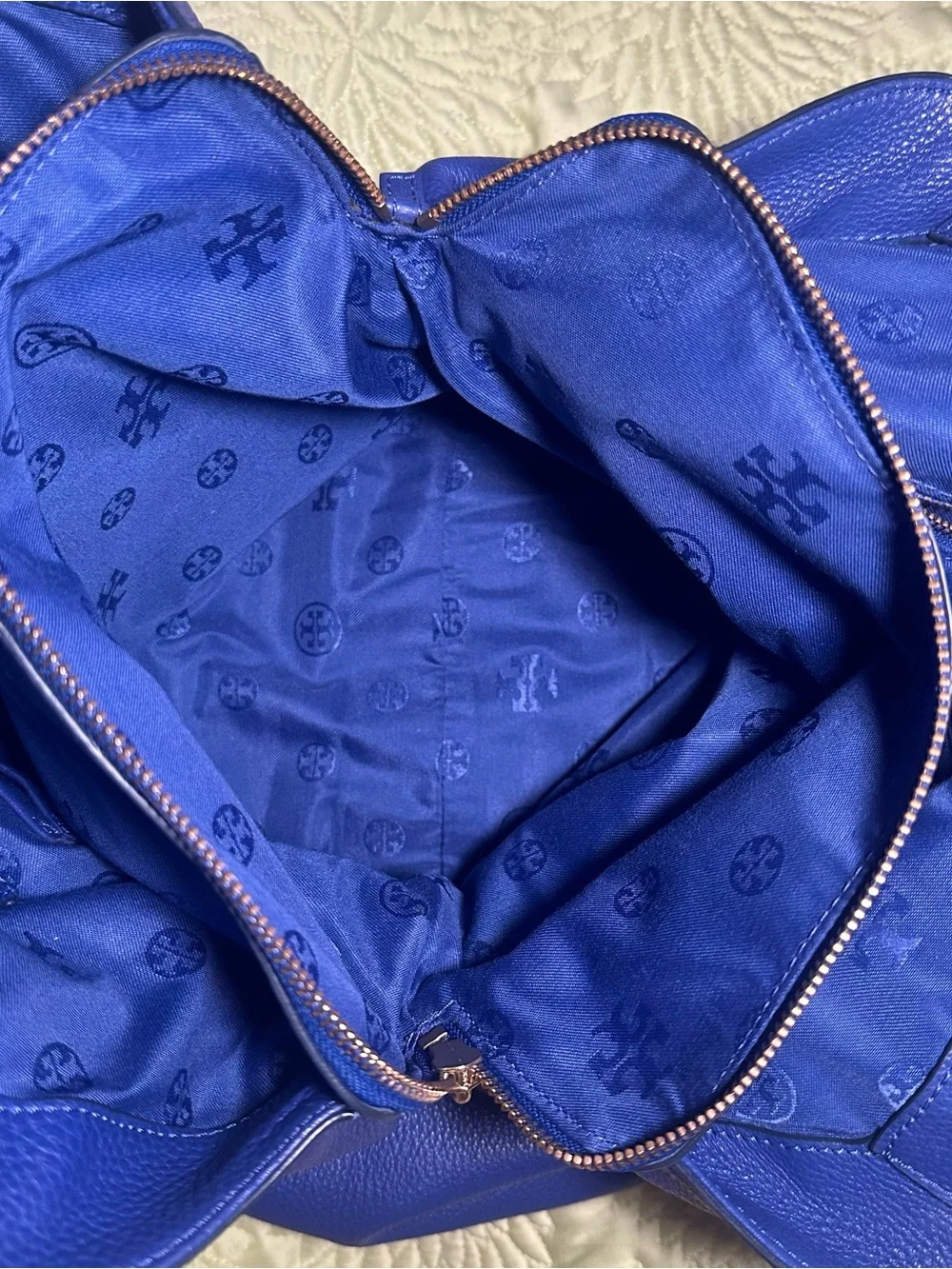 Tory Burch Harper Cobalt Blue Pebbled Leather Shoulder Tote Bag